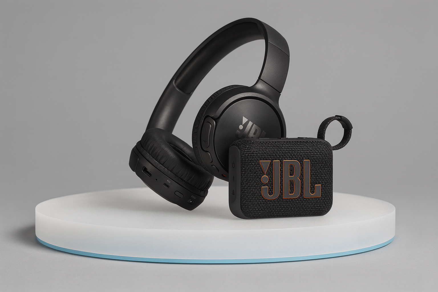 Composición editorial de auriculares y parlante JBL